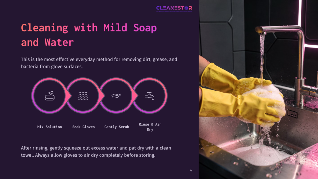 Bright Yellow Dish Gloves Are Submerged In Soapy Water In A Sink, With A Close-Up On Hands Gently Scrubbing The Gloves.