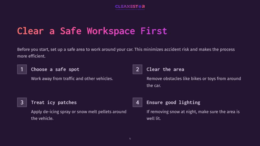 Instructions In White Text On A Dark Background With Numbered Steps On Cleaning Snow From A Car, Featuring Bright Pink Headers And Icons.