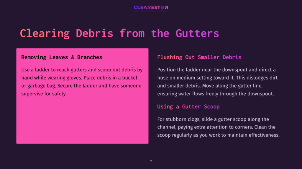4 Clearing Debris From The Gutters A Graphic With The Cleanestor Logo And Text Detailing How To Clear Debris From Gutters, Including Removing Leaves And Branches And Flushing Out Smaller Debris With A Gutter Scoop.