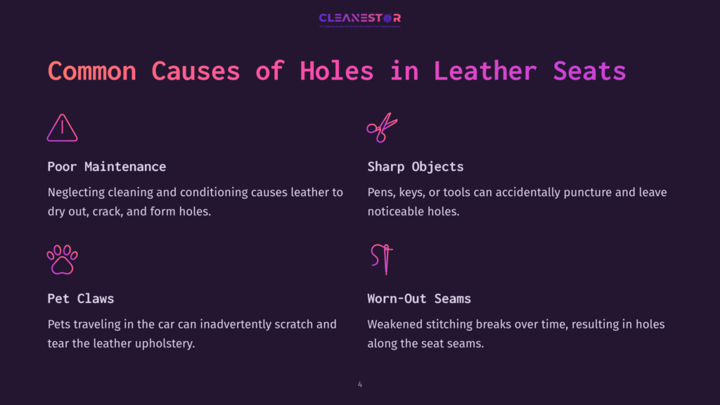 Infographic Detailing Common Causes Of Holes In Leather Car Seats: Poor Maintenance, Sharp Objects, Pet Claws, And Worn-Out Seams, With Icons For Each Cause.