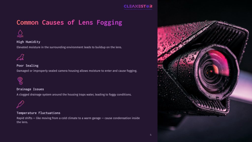 4 Common Causes Of Lens Fogging A Close-Up Of A Backup Camera Lens With Water Droplets, Highlighting Foggy Conditions; Purple Background Outlines Four Causes Of Lens Fogging.