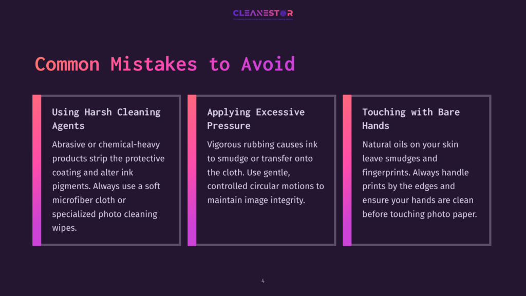Infographic Detailing Common Mistakes To Avoid When Cleaning Photographs, Including Using Harsh Cleaning Agents, Applying Excessive Pressure, And Touching With Bare Hands. Text Includes &Quot;Common Mistakes To Avoid,&Quot; &Quot;Using Harsh Cleaning Agents,&Quot; &Quot;Applying Excessive Pressure,&Quot; And &Quot;Touching With Bare Hands.