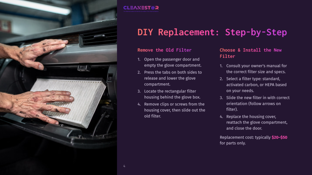 4 Diy Replacement Step By Step Hands Replace A Rectangular Cabin Air Filter In A Car'S Glove Compartment, With Instructions For Diy Replacement Visible On The Right.