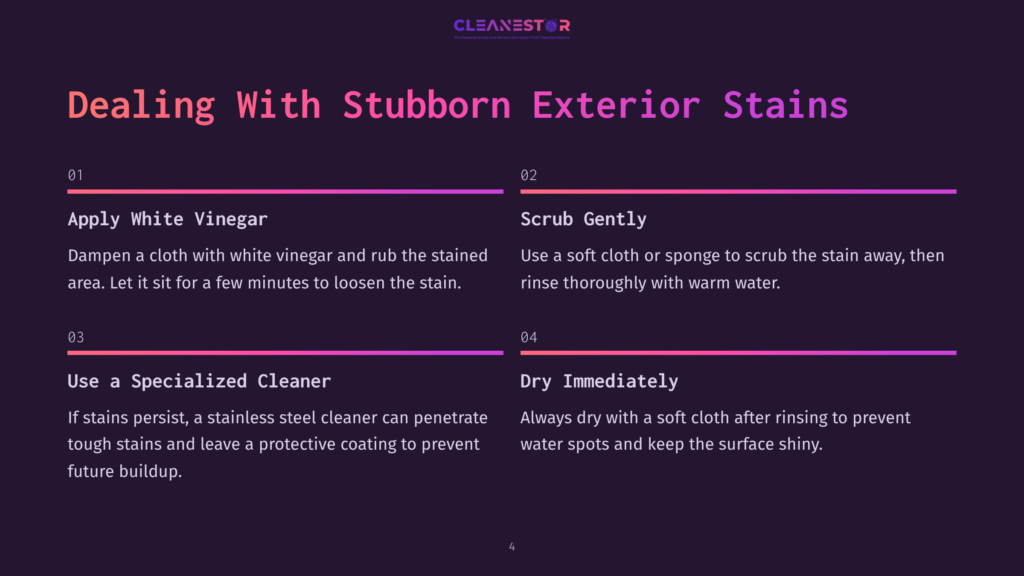 Dealing With Stubborn Exterior Stains: Apply White Vinegar, Scrub Gently, Use Specialized Cleaner, Dry Immediately. Instructions On A Dark Background With Purple Accents.