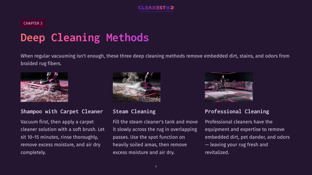 Three Cleaning Methods For Braided Rugs: Shampoo And Carpet Cleaner, Steam Cleaning With A Steamer, And Professional Cleaning.