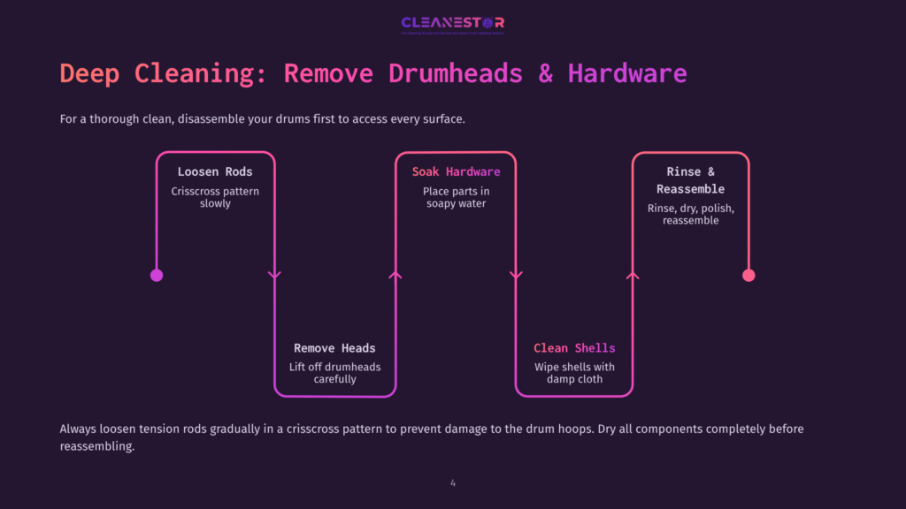Flowchart Outlining Steps For Deep Cleaning Drums And Hardware, Featuring Purple Background, White Text, And Pink Accents For Emphasis.