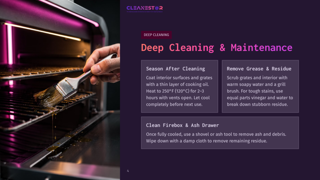 A Stainless Steel Smoker Interior With Grates Partially Removed, Showing Residue. Instructions On Cleaning Methods Are Overlaid In Purple And White Text.