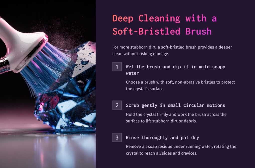 4 Deep Cleaning With A Soft Bristled Brush A Soft-Bristled Brush Gently Cleans A Faceted, Clear Crystal With Blue And Pink Light Reflections, Illustrating &Quot;Deep Cleaning With A Soft-Bristled Brush&Quot; Instructions.