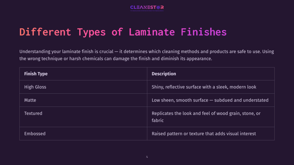 Table Detailing Different Laminate Floor Finishes: High Gloss, Matte, Textured, And Embossed, With Descriptions Of Their Appearance And Characteristics.