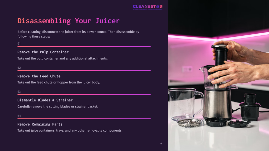 Hands Disassembling A Juicer: A Person Carefully Removes The Pulp Container From The Juicer Body, With Other Juicer Parts Like The Strainer And A Pitcher Visible On A Clean Countertop.