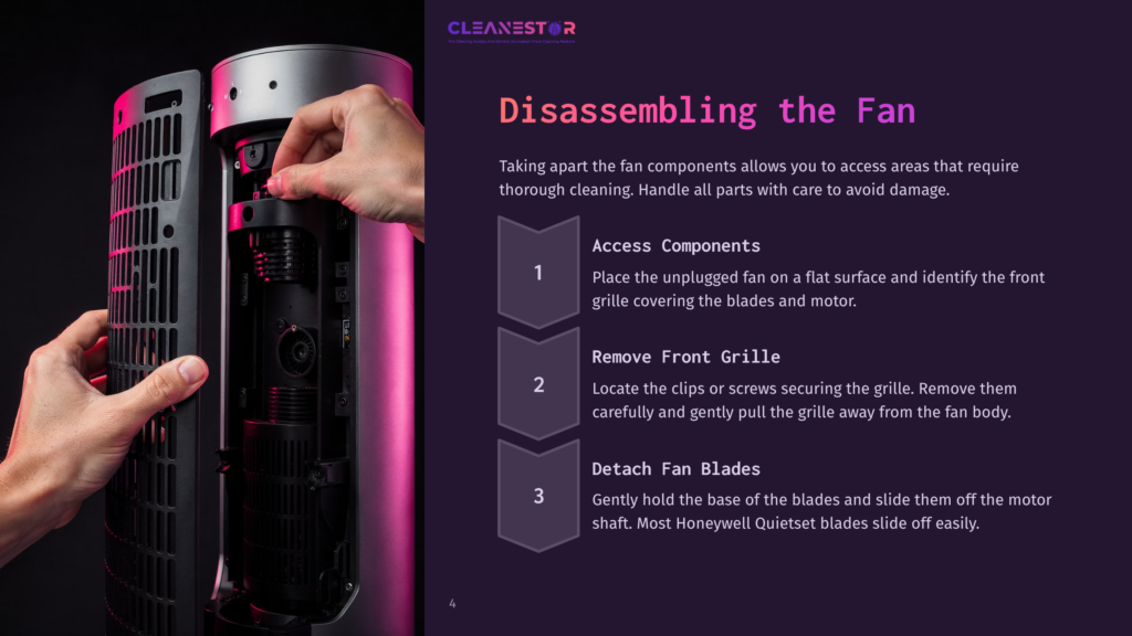 A Hand Removing The Front Grille From A Honeywell Quietset Fan, With Steps For Disassembling Highlighted On The Side.