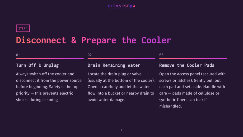 4 Disconnect And Prepare The Cooler Step 1: Disconnect &Amp; Prepare The Cooler. Instructions Include Turning Off And Unplugging The Cooler, Draining Remaining Water, And Removing The Cooler Pads.
