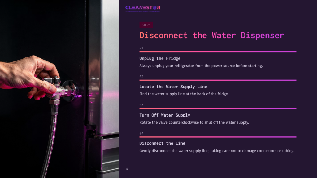 4 Disconnect The Water Dispenser Step 1: Disconnect The Water Dispenser. A Hand Is Shown Turning Off A Water Valve Connected To A Refrigerator, Illustrating The First Step In Disconnecting A Water Dispenser.