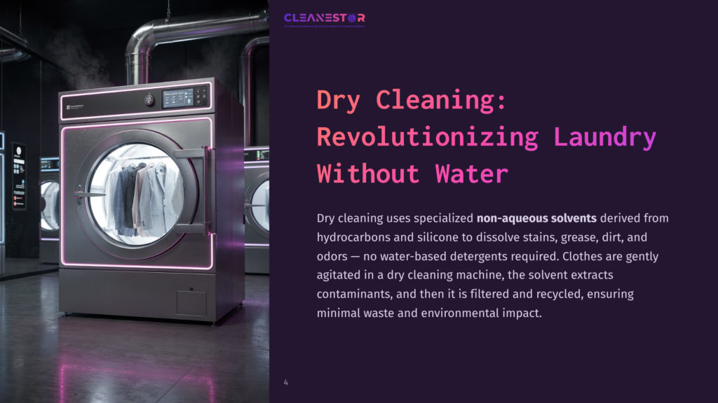 4 Dry Cleaning Revolutionizing Laundry Without Water A Modern Dry Cleaning Machine With Glowing Pink Accents, Partially Open To Reveal Clean Clothes Inside, Set Against A Dark Background.