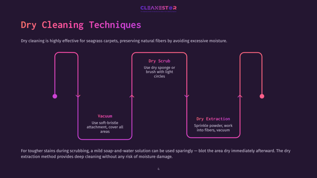 Graphic Illustrating Three Dry Cleaning Techniques For Seagrass Carpets: Vacuum, Dry Scrub, And Dry Extraction, With Clear Icons And Instructions.