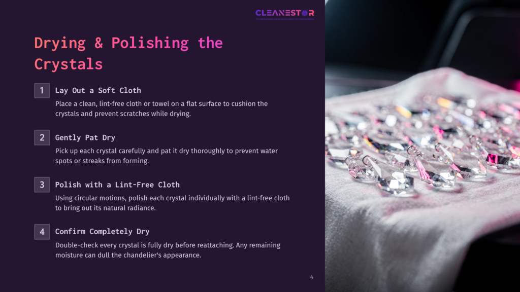 A Soft Cloth Displaying Various Sparkling Chandelier Crystals, With Instructions On Drying And Polishing Techniques Next To It.