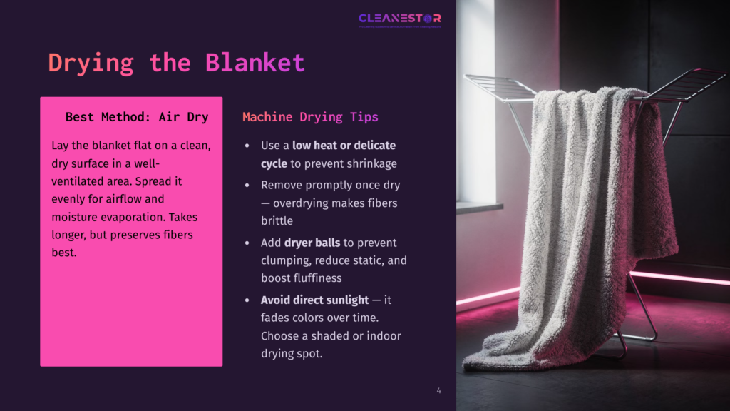 A Pink Blanket Drapes Over A Drying Rack In A Well-Lit Space, Accompanied By Tips For Air And Machine Drying Methods.