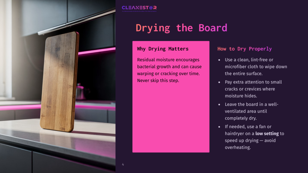 A Wooden Cutting Board Stands Upright On A Modern Kitchen Counter, Drying After Cleaning. The Image Highlights The Importance Of Drying Cutting Boards Properly To Prevent Warping And Bacterial Growth.