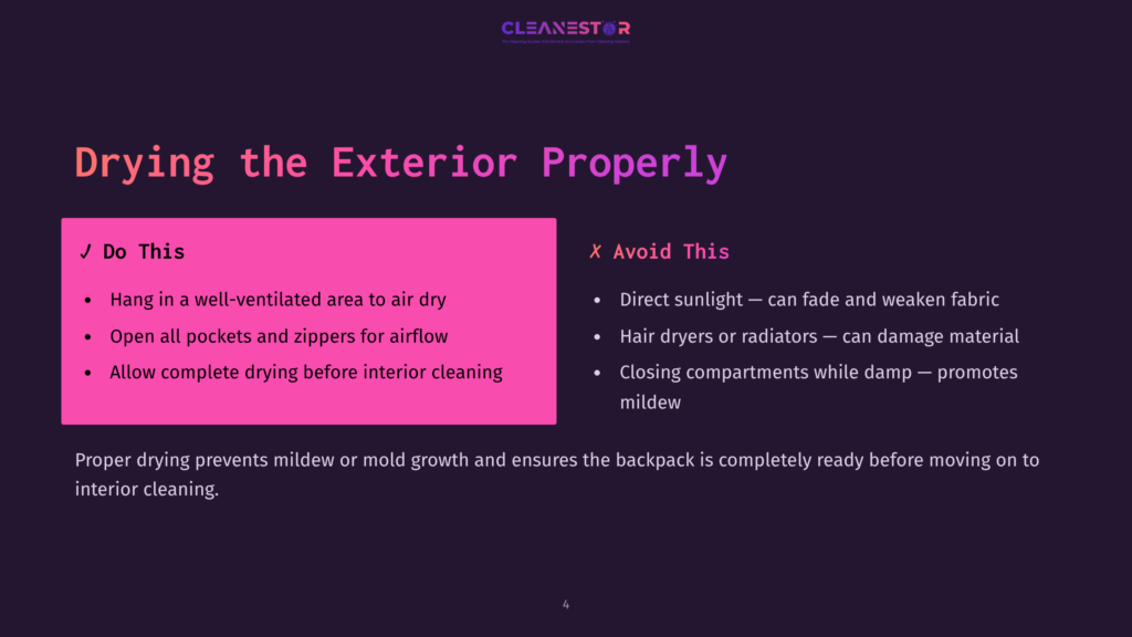 Text Instructions On A Dark Background, Featuring A Bright Pink Section Labeled &Quot;Do This&Quot; With Tips On Drying A Backpack, And A Red &Quot;X&Quot; Section Highlighting What To Avoid.