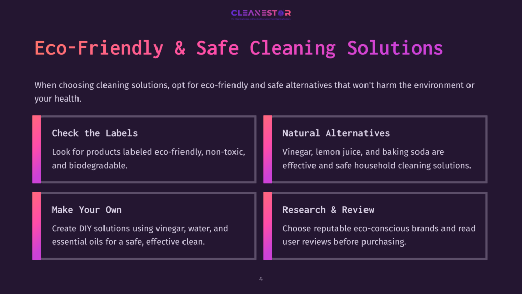 Text-Heavy Infographic With Sections On Eco-Friendly Cleaning Solutions, Featuring Vibrant Colors Like Purple, Pink, And White, With Icons Related To Cleaning.