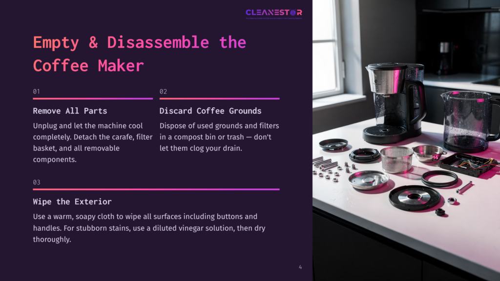 Coffee Maker Disassembled On A Kitchen Counter, With Cleaning Instructions For The Coffee Maker Displayed On The Left Side Of The Image. Text Reads: &Quot;Empty &Amp; Disassemble The Coffee Maker,&Quot; &Quot;Remove All Parts,&Quot; &Quot;Discard Coffee Grounds,&Quot; And &Quot;Wipe The Exterior.