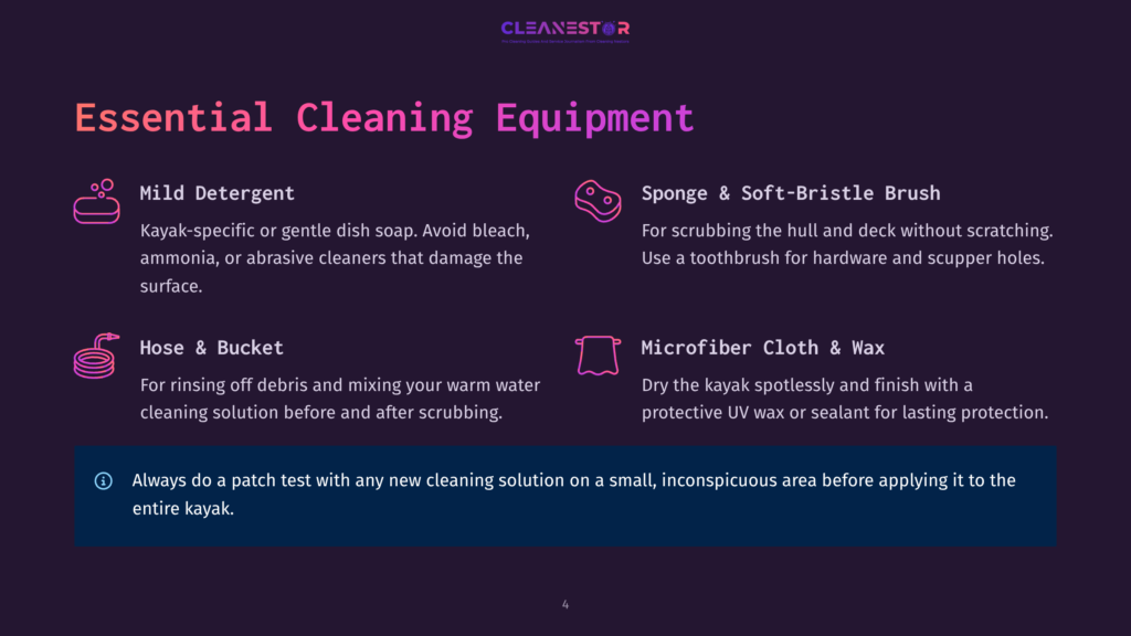 4 Essential Cleaning Equipment Illustration Of Essential Kayak Cleaning Equipment: Mild Detergent, Sponge &Amp; Soft-Bristle Brush, Hose &Amp; Bucket, And Microfiber Cloth &Amp; Wax. Text Advises A Patch Test For New Cleaning Solutions.