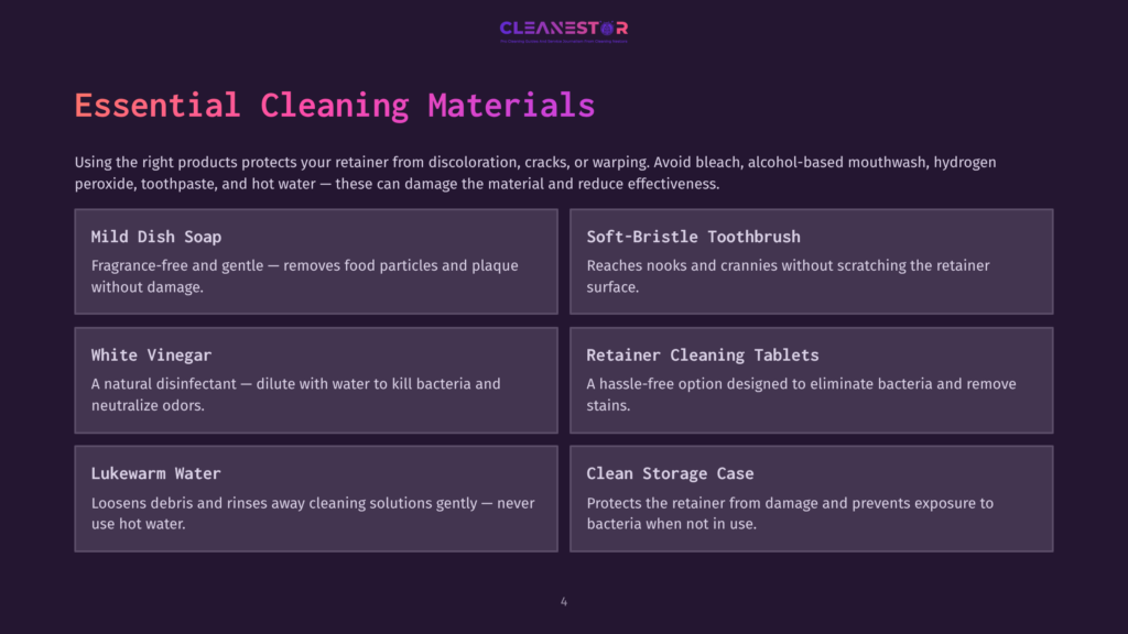 Infographic Titled &Quot;Essential Cleaning Materials&Quot; For Retainer Care, Listing Mild Dish Soap, White Vinegar, Lukewarm Water, Soft-Bristle Toothbrush, Retainer Cleaning Tablets, And Clean Storage Case With Descriptions.