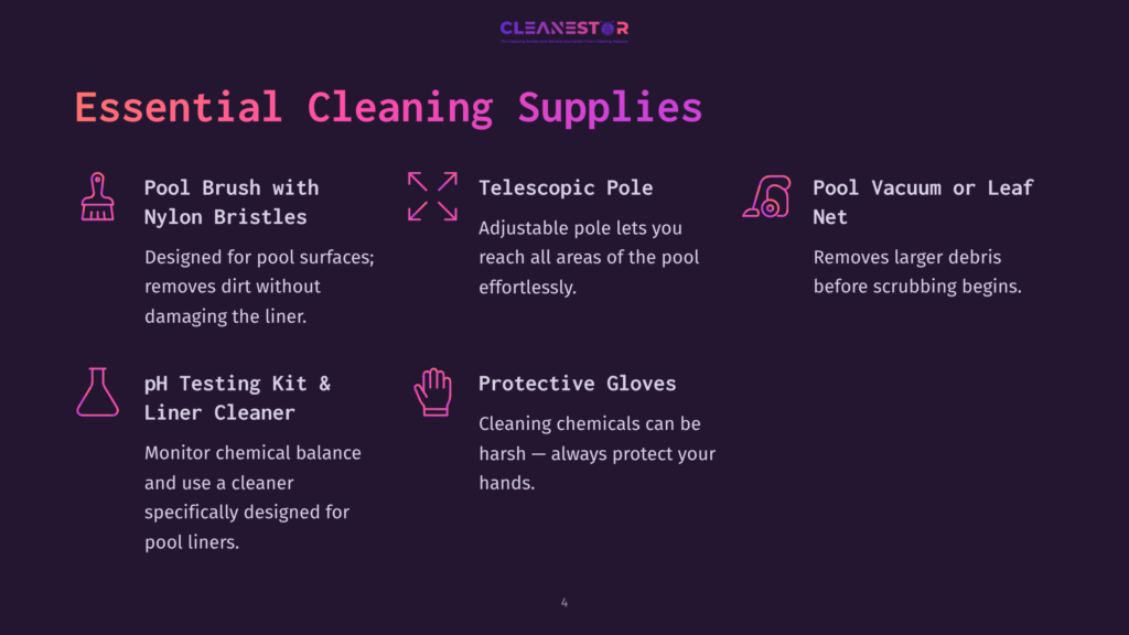 Essential Cleaning Supplies For Pools: Pool Brush With Nylon Bristles, Telescopic Pole, Pool Vacuum Or Leaf Net, Ph Testing Kit &Amp; Liner Cleaner, And Protective Gloves.