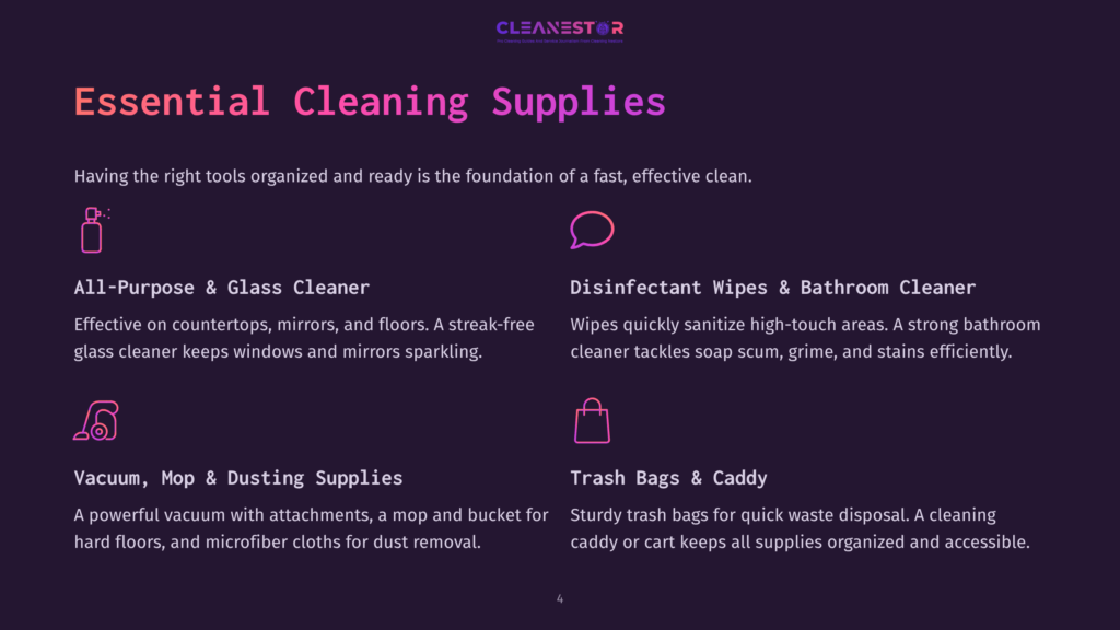 Essential Cleaning Supplies Listed With Icons: Glass Cleaner, Disinfectant Wipes, Vacuum, Dusting Supplies, Trash Bags, And Caddy On A Purple Background.