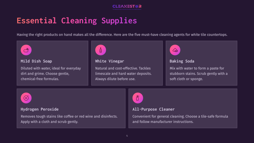 Five Essential Cleaning Supplies For White Countertops: Mild Dish Soap, White Vinegar, Baking Soda, Hydrogen Peroxide, And All-Purpose Cleaner, Each With An Icon And Description.