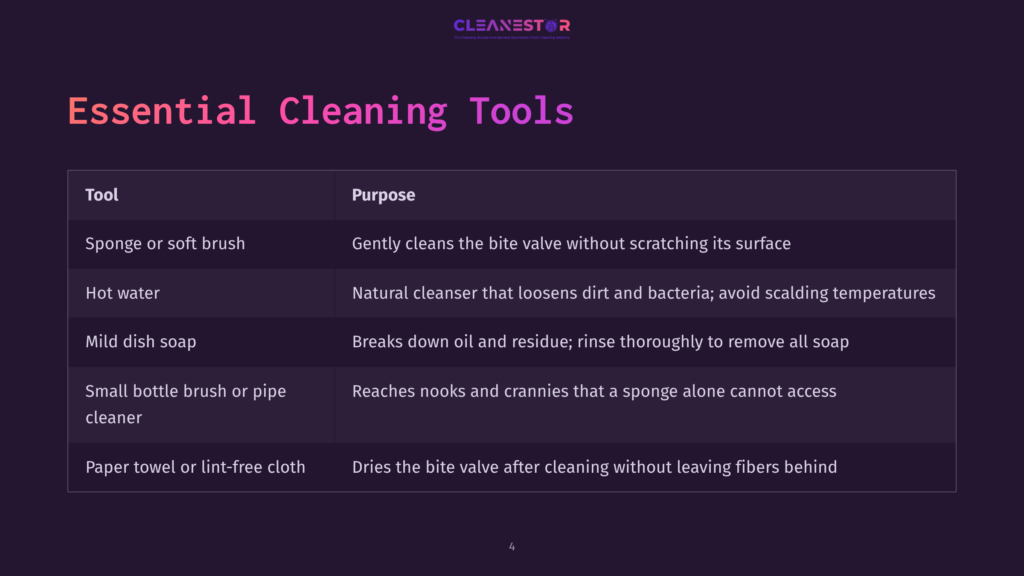 Table Listing Essential Cleaning Tools For A Bite Valve, Featuring Tool Names, Purposes, And A Dark Purple Background With White Text.