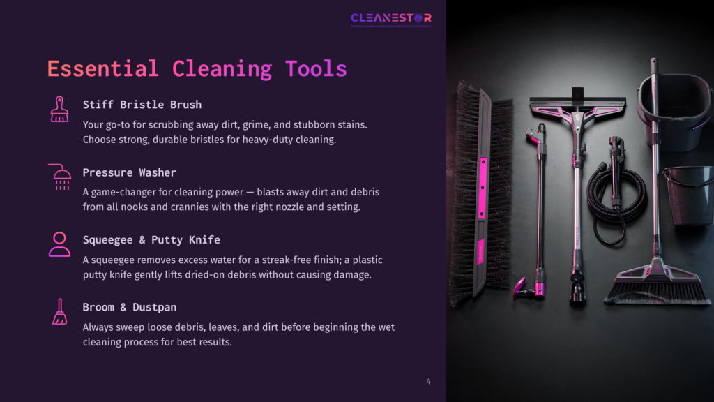 A Layout Of Essential Cleaning Tools: A Stiff Brush, Pressure Washer, Squeegee, Putty Knife, Broom, And Dustpan, With Purple Background.