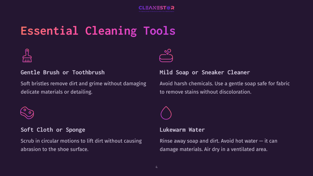 Essential Cleaning Tools For Shoes: Soft Brush, Mild Soap/Sneaker Cleaner, Soft Cloth, And Lukewarm Water. Text Details How To Use Each Tool For Effective Shoe Cleaning.