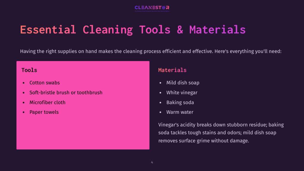 List Of Essential Cleaning Tools And Materials, Featuring A Bright Pink Box With Tools Like Cotton Swabs And Cleaning Agents On A Dark Background.