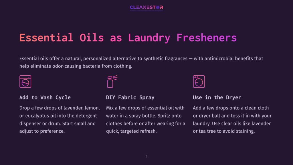 Illustration Showing Three Laundry Icons: A Washing Machine With A Drop Icon, A Spray Bottle With A Drop Icon, And A Dryer With A Drop Icon. Text Reads &Quot;Essential Oils As Laundry Fresheners,&Quot; &Quot;Add To Wash Cycle,&Quot; &Quot;Diy Fabric Spray,&Quot; And &Quot;Use In The Dryer.