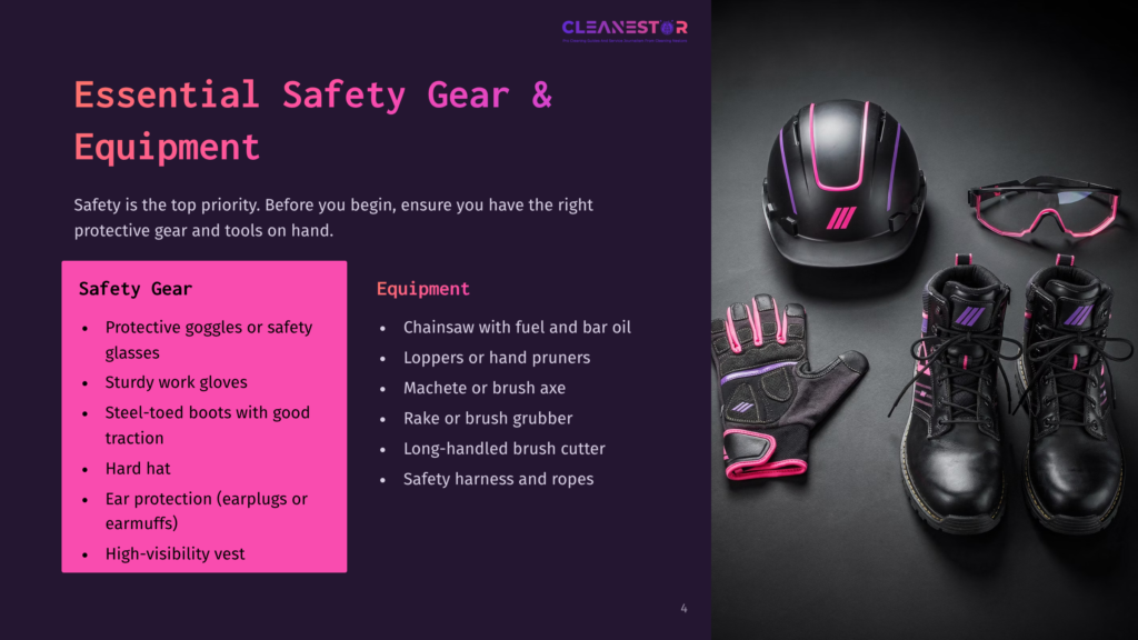 4 Essential Safety Gear And Equipment Essential Safety Gear And Equipment For Outdoor Work, Including A Hard Hat, Safety Glasses, Gloves, And Sturdy Boots, Displayed Against A Dark Background With Text Listing Safety Items.