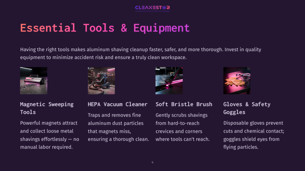Essential Tools And Equipment For Aluminum Shaving Cleanup: Magnetic Sweeping Tools, Hepa Vacuum Cleaner, Soft Bristle Brush, And Safety Goggles.