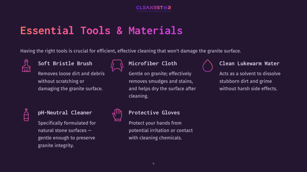 List Of Essential Tools And Materials For Cleaning Granite, Including A Bristle Brush, Microfiber Cloth, Cleaner, And Gloves, On A Dark Background.