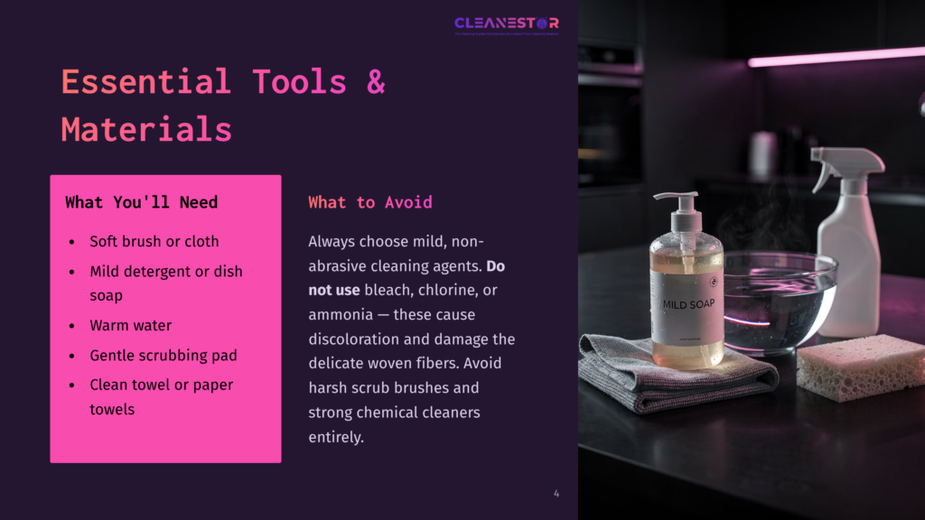 Essential Tools For Cleaning: Mild Soap, Spray Bottle, Sponge, And Cloth On A Dark Countertop.