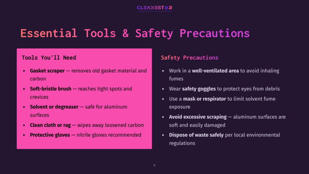 Slide Titled &Quot;Essential Tools &Amp; Safety Precautions&Quot; Listing Gasket Scraper, Soft-Bristle Brush, Solvent/Degreaser, And Gloves Under &Quot;Tools You'Ll Need,&Quot; And &Quot;Work In A Well-Ventilated Area,&Quot; &Quot;Wear Safety Goggles,&Quot; And &Quot;Dispose Of Waste Safely&Quot; Under &Quot;Safety Precautions.
