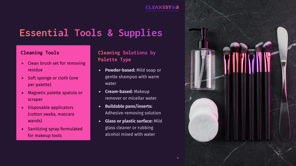 A Dark Layout Featuring A Pink Section With Cleaning Tools: A Brush, Sponge, Spatula, And Bottle, Alongside Cotton Pads And Wipes.