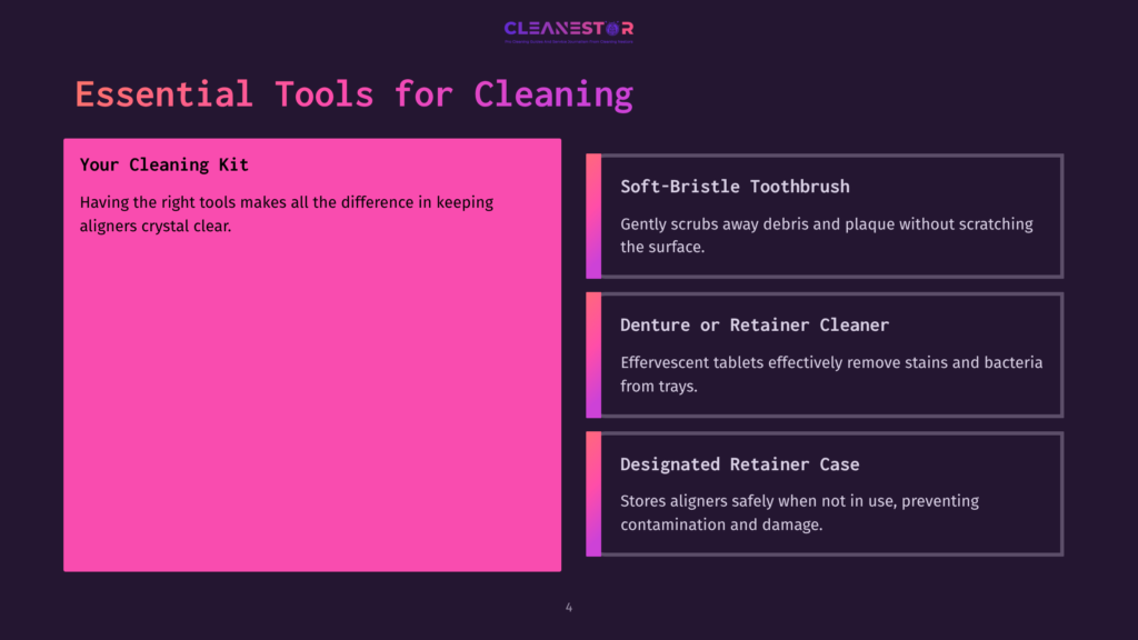 Presentation Slide Titled &Quot;Essential Tools For Cleaning&Quot; With Sections On &Quot;Your Cleaning Kit,&Quot; &Quot;Soft-Bristle Toothbrush,&Quot; &Quot;Denture Or Retainer Cleaner,&Quot; And &Quot;Designated Retainer Case.