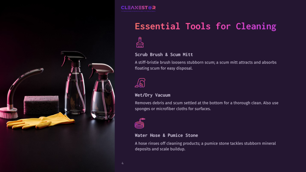 Three Cleaning Tools Are Shown: A Scrub Brush, A Spray Bottle, And A Vacuum. Bright Yellow Sponges And A Pumice Stone Are Also Included.