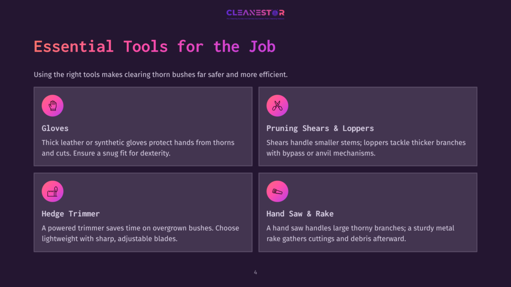 4 Essential Tools For The Job Cleanestor Logo And Title &Quot;Essential Tools For The Job&Quot; Over A Dark Background With Four Sections Detailing Tools For Clearing Thorn Bushes: Gloves, Pruning Shears &Amp; Loppers, Hedge Trimmer, And Hand Saw &Amp; Rake.
