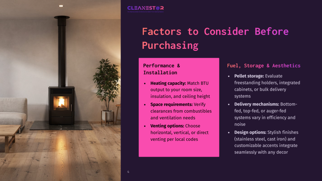 Cleanestor Logo And Text &Quot;Factors To Consider Before Purchasing&Quot; On A Pink Slide. A Modern Living Room With A Black Pellet Stove Is Visible On The Left.