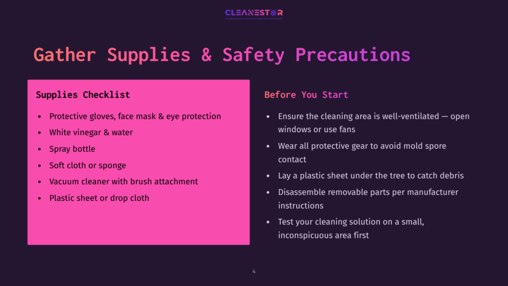 A Dark Purple Slide Titled &Quot;Gather Supplies &Amp; Safety Precautions&Quot; Lists Essential Cleaning Supplies Like Gloves, Vinegar, And Spray Bottles On The Left, And Safety Tips Such As Wearing Protective Gear And Testing Solutions On The Right.