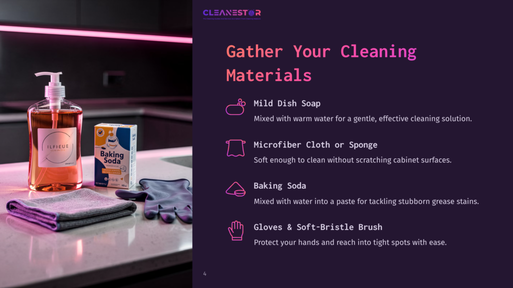 4 Gather Your Cleaning Materials 1 Cleaning Supplies For Cabinets: A Bottle Of Dish Soap, A Box Of Baking Soda, A Microfiber Cloth, And A Scrub Brush On A Countertop.