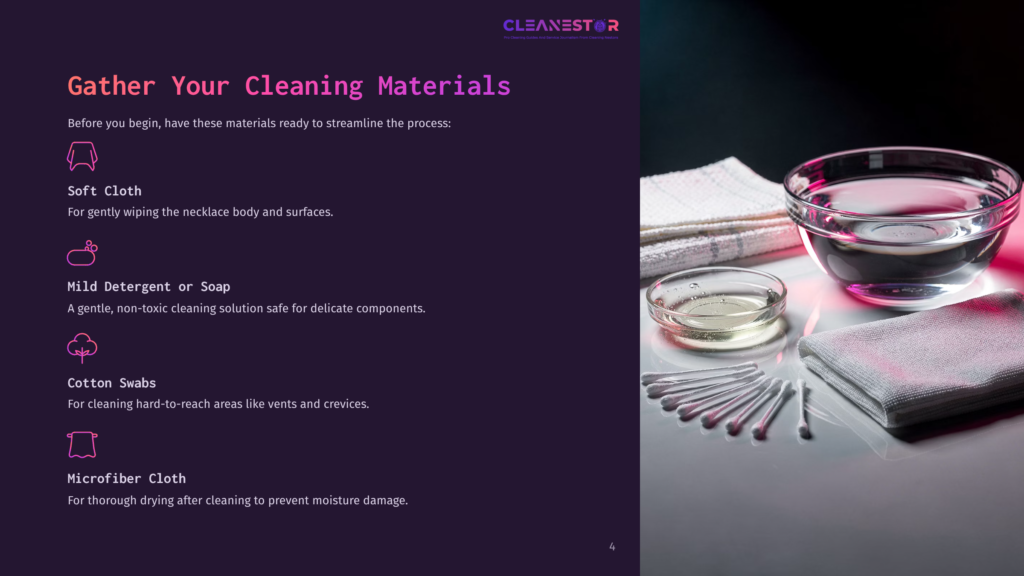 Cleaning Materials Displayed: A Soft Cloth, Mild Detergent, Cotton Swabs, And A Microfiber Cloth Arranged Beside Glass Bowls Of Liquid.