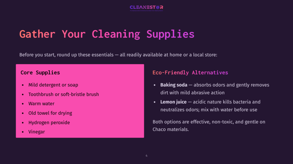 A Slide Titled &Quot;Gather Your Cleaning Supplies&Quot; Lists Core Supplies Like Mild Detergent, Toothbrush, Old Towel, And Hydrogen Peroxide, Alongside Eco-Friendly Alternatives Like Baking Soda And Lemon Juice.