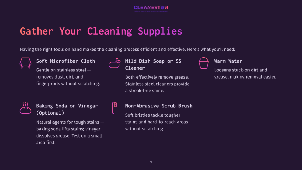 Cleaning Supplies List Featuring A Microfiber Cloth, Mild Dish Soap, Warm Water, Vinegar, And A Non-Abrasive Scrub Brush On A Dark Background.
